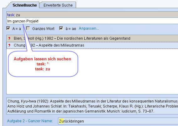 Suchen und Finden der Aufgaben - Exportenmodus