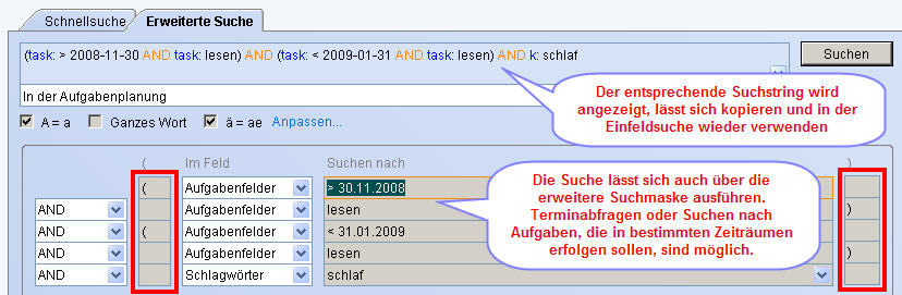 Suchen und Finden der Aufgaben - erweiterte Suche